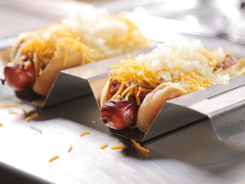 Chili Cheese Coneys as served at JJ's Red Hots in Charlotte, North Carolina as seen on Food Network's Diners, Drive-Ins and Dives episode 2604.