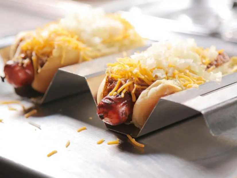 Chili Cheese Coneys as served at JJ's Red Hots in Charlotte, North Carolina as seen on Food Network's Diners, Drive-Ins and Dives episode 2604.