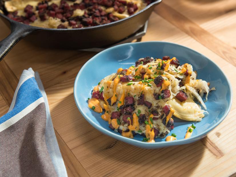 Pierogies with pastrami and sauerkraut, as seen on Food Network's The Kitchen.