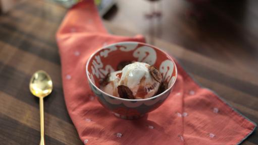 Tropical Sundae with Guava Coulis and Banana Chips Recipe