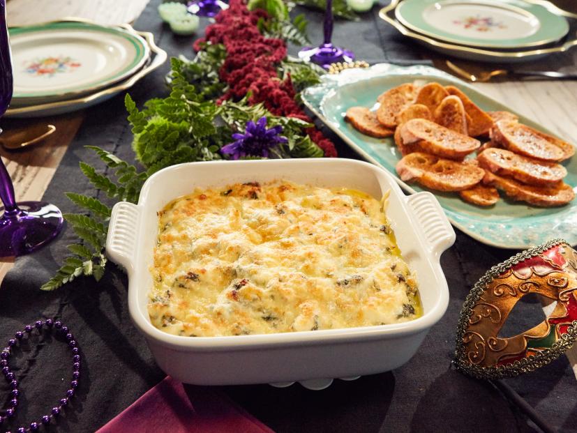 Host Tiffani Amber Thiessen's dish, Crab and Kale Dip with Creole Crostini, as seen on Cooking Channel’s Dinner at Tiffani’s, Season 3.