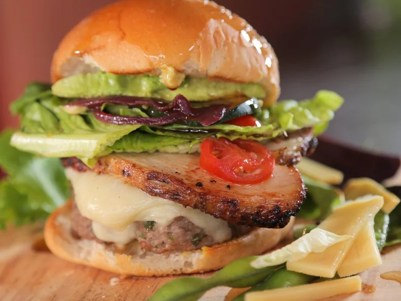 Pork Belly Burger as served at Mora Mora in Quinta La Ceiba, Cancun, Mexico as seen on Food Network's Diners, Drive-Ins and Dives episode 2606.