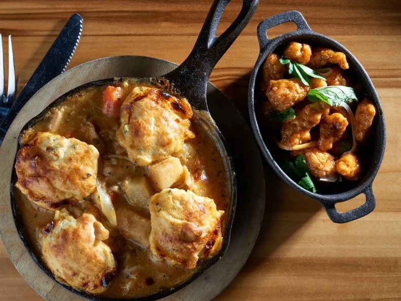 Rabbit & Dumplings Stew shown with fried alligator with chili garlic mayonnaise