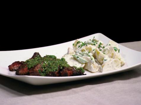 Red-Eye Rubbed Hanger Steaks with Cilantro Chimichurri and Sour Cream and Onion Potato Salad