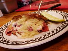 On Food Network's The Best Thing I Ever Ate, Claire Robinson's favorite is Jimmy's Favorite, a Reuben with potato latke, corned beef and melted swiss at Jimmy & Drew's in Boulder, CO.
