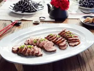 Host Tiffani Amber Thiessen's dish, Peking Duck Breast, as seen on Cooking Channel’s Dinner at Tiffani’s, Season 3.
