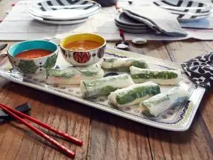 Host Tiffani Amber Thiessen's dish, Summer Rolls with Spicy Peanut Sauce and Nuoc Cham Dipping Sauce, as seen on Cooking Channel’s Dinner at Tiffani’s, Season 3.