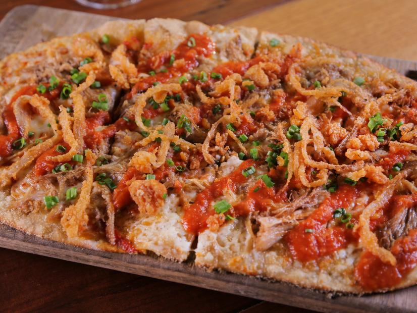 Duck Flat Bread Confit as served at Heist Brewery in Charlotte, North Carolina as seen on Food Network's Diners, Drive-Ins and Dives episode 2608.