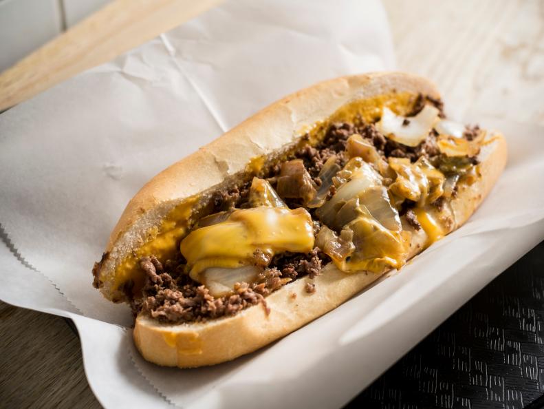 Food Network; Philadelphia Restaurants, Jim's Steaks, cheesesteak with Cheese Wiz and onions
