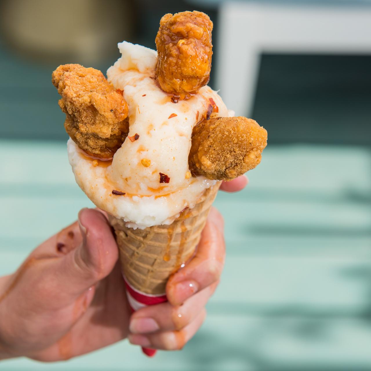 Fried chicken waffle cones at Chick'nCone in New York City