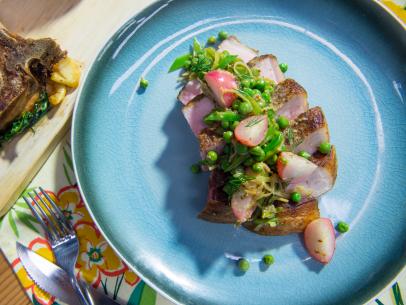 Geoffrey Zakarian makes Pork Chops with Spring Vegetables and Mustard Sauce, as seen on Food Network's The Kitchen