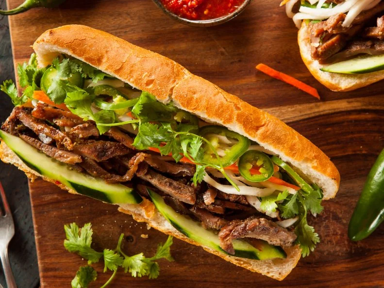 Vietnamese Pork Banh Mi Sandwich with Cilantro and Daikon