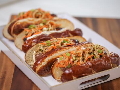 Grilled Bratwurst with Brie and Spiral Apple Slaw