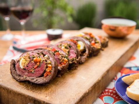 Rolled Stuffed Flank Steak with Garlicky Herb Sauce