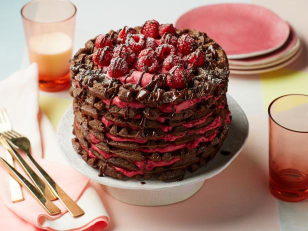 Food Network Kitchen's Chocolate-Raspberry Waffle Cake for One-Off Reciples, as seen on Food Network.