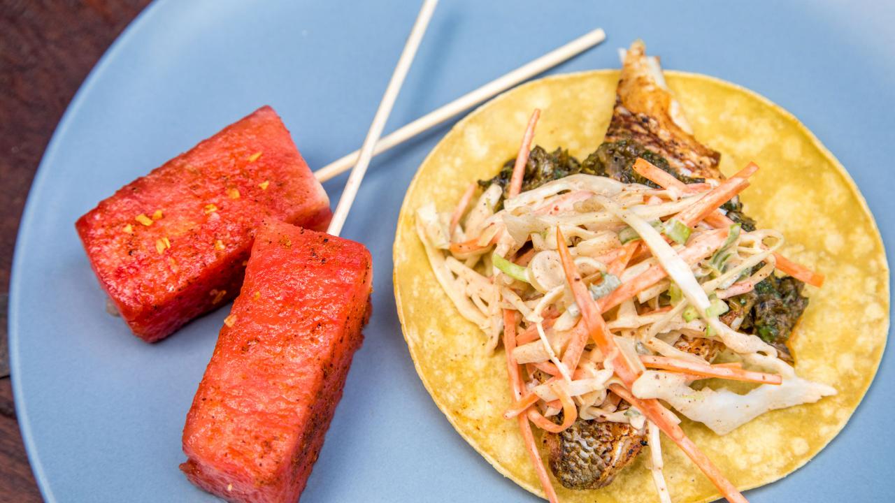 Blackened Fish Tacos with Chili-Spiced Slaw and Charred Scallion Salsa