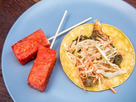 Blackened Fish Tacos with Chili-Spiced Slaw and Charred Scallion Salsa