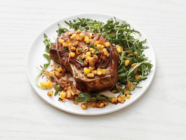 Pork Chops with Charred Corn and Arugula