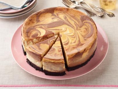 Food Network Kitchen’s Chocolate-Butterscotch Swirl Cheesecake for Food Network One-Offs, as seen on Food Network.