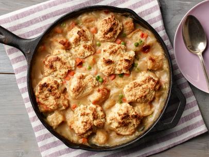 Food Network Kitchen’s Skillet Fried Chicken and Dumplings for Food Network One-Offs, as seen on Food Network.