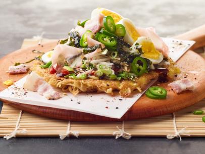 Food Network Kitchen’s Ramen Pizza for Food Network Snapchat recipes, as seen on Food Network.