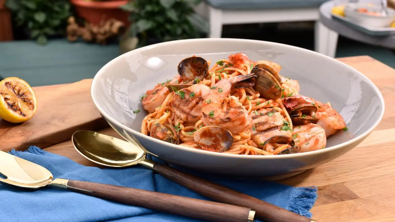 Grilled Seafood with Linguine