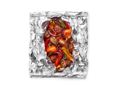 Foil Packet Beer Braised Sausage and Peppers