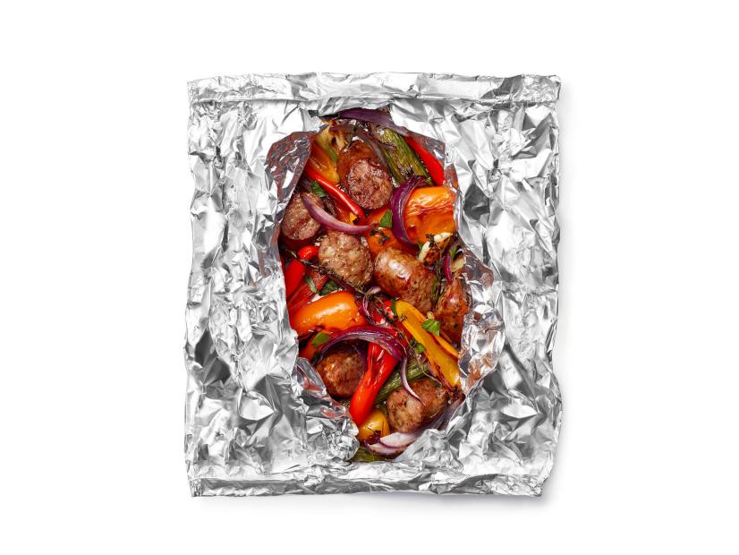 Foil Packet Beer Braised Sausage and Peppers