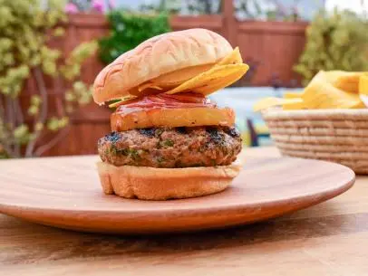 A BBQ pork sandwich with plantain chips, as seen on Food Network's The Kitchen.