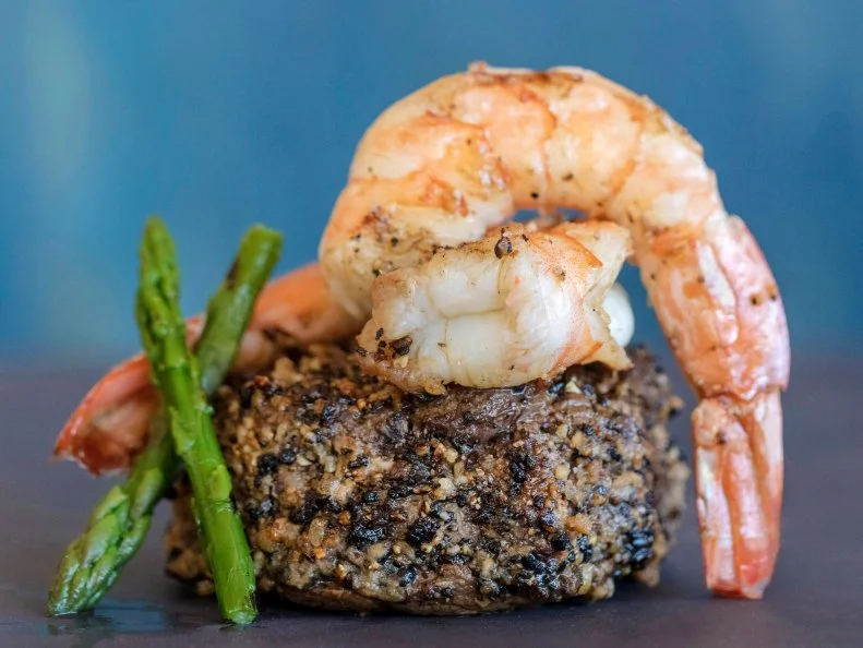 Filet mignon surf and turf stack with shrimp and asparagus. Food photography  by Jackie Alpers for FoodNetwork.com