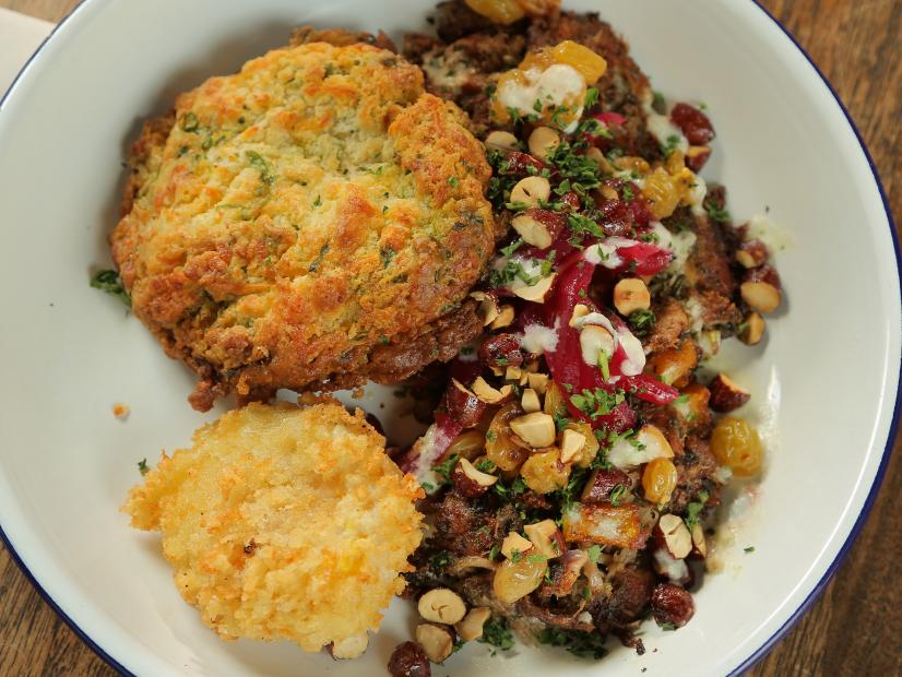 Roasted Garlic and Herb Pork Hash with a Cheddar Biscuit as served at ediBOL in Los Angeles, California as seen on Food Network's Diners, Drive-Ins and Dives episode 2702.