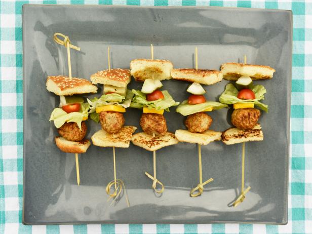 Deconstructed burger skewers, as seen on Food Network's The Kitchen.