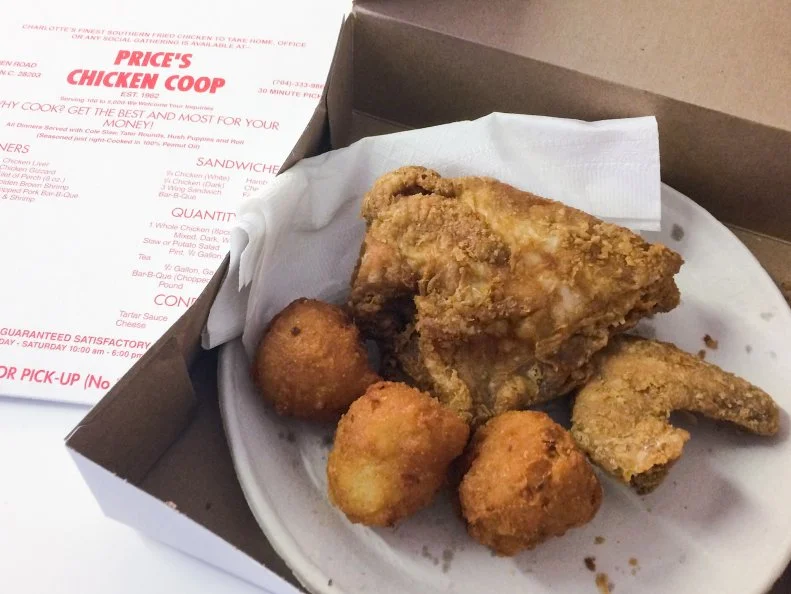 Fried chicken is one of the South’s iconic foods, and North Carolina has its fair share of great places to partake. Of them, Price’s in Charlotte has reached classic status, due in part to a long-held secret ingredient: a proprietary marinade that adds flavor and juiciness. Cooks fry the chicken (and fish, too) in vats of bubbling peanut oil, in full view of — and just steps away from — the lines of customers that stretch out the door. Price’s is takeout-only, and that’s another reason why it’s hard to find a parking space: People who can’t wait to get home with their chicken simply eat in their cars.