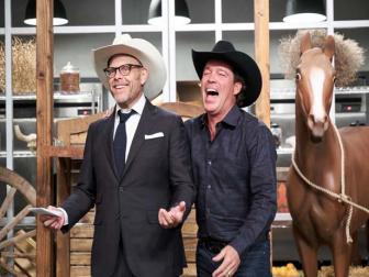 Host Alton Brown and guest judge Clay Walker, as seen on Food Network's Cutthroat Kitchen, Season 15.