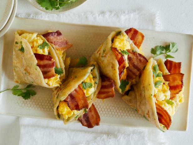 breakfast; bacon; pancakes; scallion pancakes; savory pancakes; eggs; cilantro; cheese