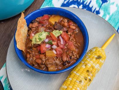 Filet Mignon Chili and Corn on the Cob with Jalapeno Butter,as seen on Trisha's Southern Kitchen, Season 10.