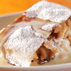 Apple strudel and Vanilla Bean Sauce as served at Brigit & Bernard's Garden Cafe in Kahului, Hawaii as seen on Food Network's Diners, Drive-Ins and Dives episode 2701.