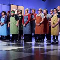 Teams Spooky Boo's, Scare Snactics, Sugar Snatchers, Morbid Masterminds, Ghoulish Gang and Ghoul'd during judging, as seen on Food Network’s Halloween Wars, Season 7.