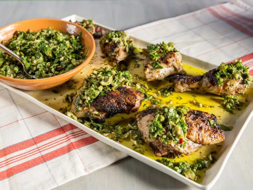 MEDITERRANEAN GRILLED CHICKEN w/ GREEN OLIVE SALSA VERDE, as seen on The Bobby and Damaris Show, Season 1.