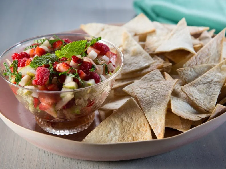 Mint Julep Fruit Salsa with Cardamom sugar Tortilla Chips, as seen on The Bobby and Damaris Show, Season 1.