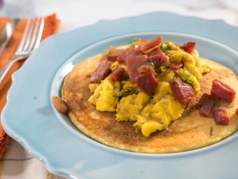 Corncakes with Country Ham Scramble and Red-Eye Gravy