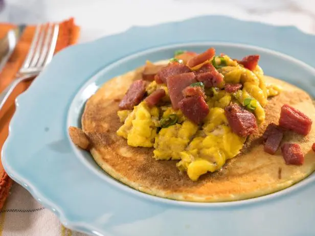 Corncakes with Country Ham Scramble and Red-Eye Gravy Recipe | Trisha Yearwood | Food Network