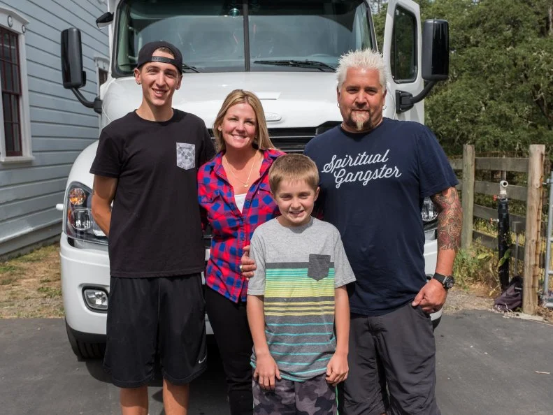 Hunter, Lori, Guy and Ryder Fieri pose, as seen on Guy's Family Road Trip, Season 1.