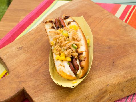 Spicy Mango Hot Dogs with Crunchy Fried Onions