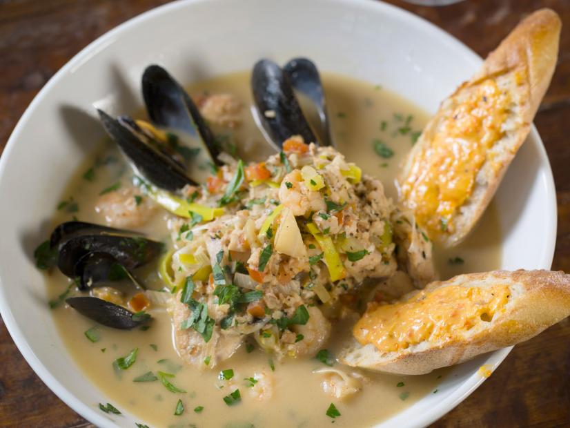 Eastern Shore Bouillabaisse as served at Sunset Pointe in Fairhope, Alabama as seen on Food Network's Diners, Drive-Ins and Dives episode 2706.