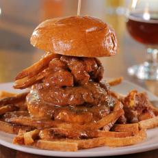 The Poutine Burger as Served at Samples World Bistro in Longmont, Colorado as seen on Food Network's Diners, Drive-Ins and Dives episode 2711.