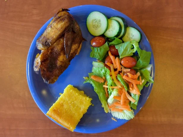 At the Golden Corral, you can cruise the salad bar for your perfect plate. Get what looks good to you, and try to practice healthy eating by using “My Plate”—fill half your plate with nonstarchy veggies (such as green beans, Brussels sprouts, tomatoes and carrots) and fruit, one quarter of your plate with some sort of protein (meat, chicken, beans), and the other quarter with starchy food (potatoes, bread, mac & cheese). Bonus points for choosing at least some raw or steamed veggies.