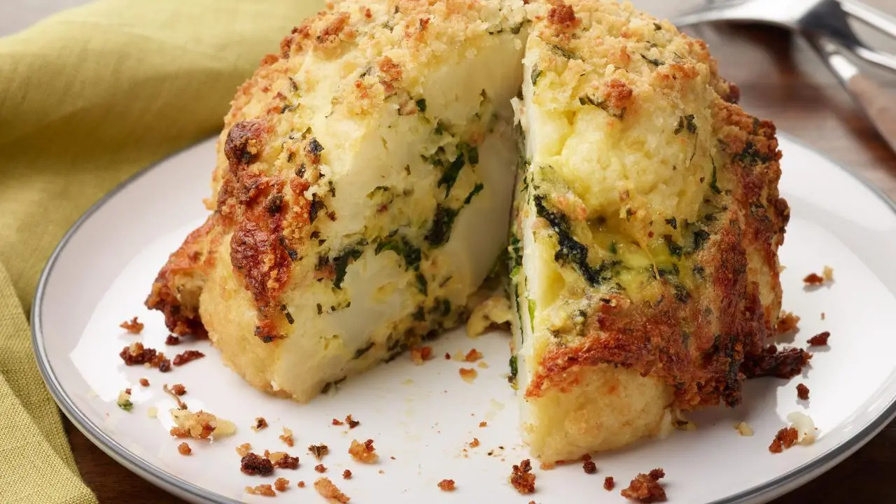 Roasted Cheesy Kale and Bacon Stuffed Cauliflower