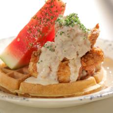 Chicken and Waffles as Served at Whistle Britches in Dallas, Texas as seen on Food Network's Diners, Drive-Ins and Dives episode 2804.