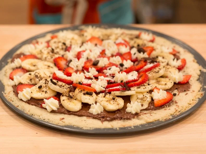 Luke's strawberry banana chocolate hazelnut pizza w/ ricotta cheese, as seen on Kids Baking Championship, Season 4.